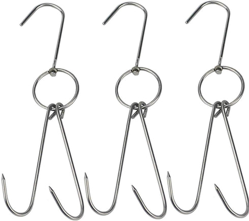 TIHOOD 3 PCS 9.4" Stainless Steel Double Meat Hooks for Roast Duck, Bacon, BBQ Grill Hanger Cooking Tools Accessories