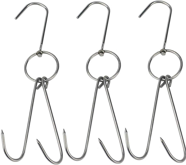 TIHOOD 3 PCS 9.4" Stainless Steel Double Meat Hooks for Roast Duck, Bacon, BBQ Grill Hanger Cooking Tools Accessories