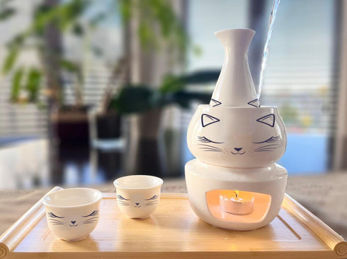 Roksol Chef 10pcs Set 1 1 1 1 6 Ceramic Sake Cups with Warmer Pot Bamboo Tray, Traditional Porcelain Pottery Hot Saki