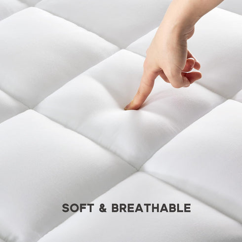 Quilted Mattress Pad, Soft Fluffy Pillow Top Cover, Down Alternative Fill Topper, Deep Pocket Up to 21 Inches, White,