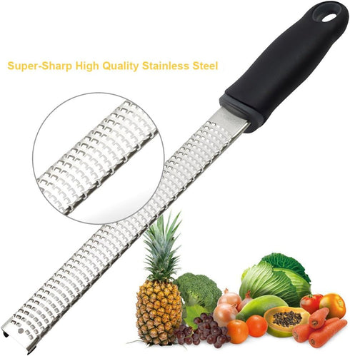 Lemon Zester - Stainless Steel Kitchen Cheese Grater with Plastic Cover and Ergonomic Soft Black Handle