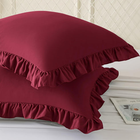 18x18 Inches, Set 2, KKJIAF Ruffle Pillow Cases Burgundy Square Ruffled Pillow Covers of Microfiber Wrinkle Resistant