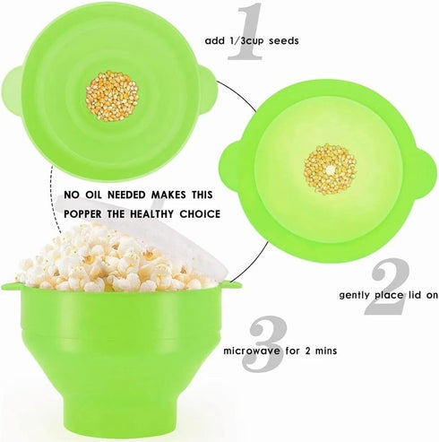 Silicone Popcorn Bowl, Microwave Silicone Hot Air Popcorn Popper Bowl with Handle Lid for Home