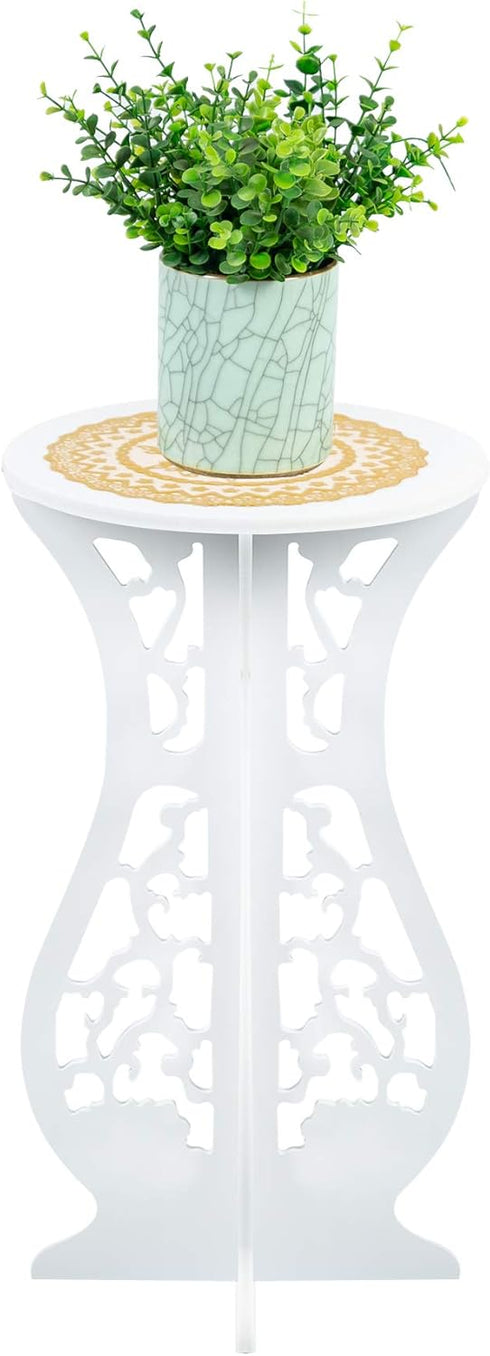 Asian Home (16.5" 10" Beautiful White PVC Board Flower Plant and Vase Stand Display with Intricate Carvings and Gold