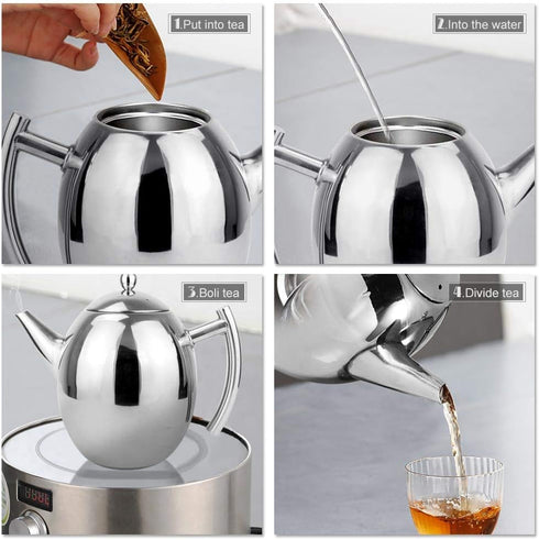 Tea Pots with Infusers for Loose Tea Stainless Steel Teapot Tea Kettle Coffee Pot with Tea Filter and Lid Tea Kettle Stovetop Teapot with Strainer (1500ml)