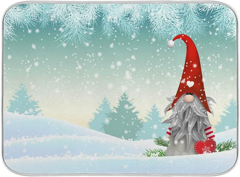 Christmas Gnome Standing Snowfall Winter Dish Drying Mat, Extra Large Absorbent Mat for Kitchen, 18" x 24"