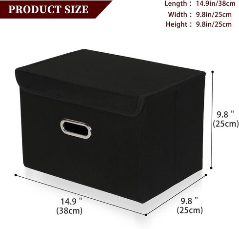 STOREONE Fabric Storage Cube Bins, Foldable Organizer Container with Lids and Metal Handles, Black, 3 Pcs