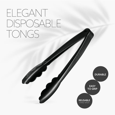 Plasticpro 9'' Heavy Duty Black Tongs, Reusable Kitchen and BBQ Serving Tong, Pack of 12 for Events