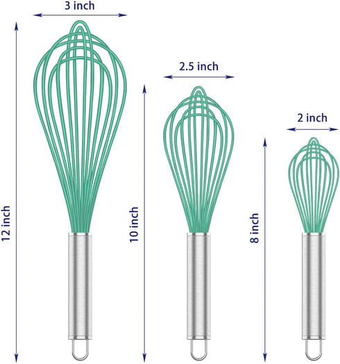Teal Silicone Whisk Set of 3, Professional Non Scratch Cooking Whisks, Stainless Steel & Silicone Tool for Nonstick
