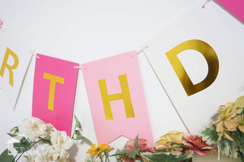Roseo Pink Happy Birthday Banner Signs, Golden Sparkle Funny Party Supplies for Girls, 13 Pieces