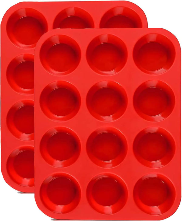 JEWOSTER 12 Cups Silicone Muffin Pan 2 Pack - Nonstick Silicone Molds for Making Muffin Cakes, Bread, Tart - BPA Free
