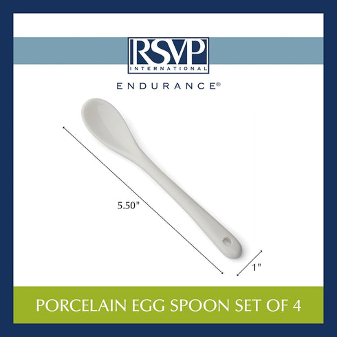 RSVP International Poached Egg Spoon, 4 Piece Set for Jam, Honey or Soft Boiled Eggs, 5.5" Length, White Porcelain