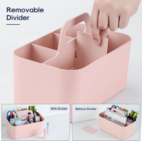 Multiuse Caddy Organizer with Handle - Stackable Plastic Bin Basket for Art Supplies, Makeup, Bathroom, Kitchen (Pink)