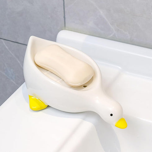 Fewile 1 Pack Shower,Bathroom,Bar,Kitchen,Counter Duck Ceramic Soap Dishes,Soap Holder with Drain,Soap Dish