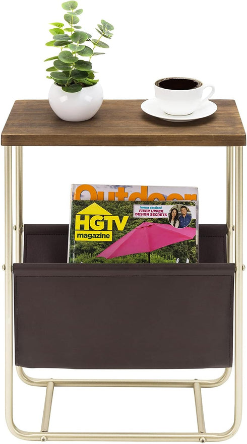 MyGift Living Room Side Table, Dark Brown Burnt Wood End Table and Brass Tone Metal Frame with Leatherette Magazine