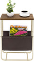 MyGift Living Room Side Table, Dark Brown Burnt Wood End Table and Brass Tone Metal Frame with Leatherette Magazine