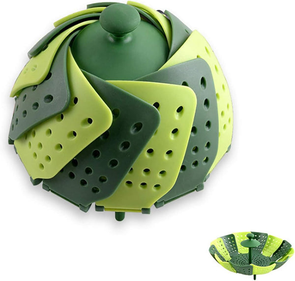 Lotus Folding Steamer Basket - BPA-Free Green Kitchenware Accessory, Non-Scratch Silicone Cookware