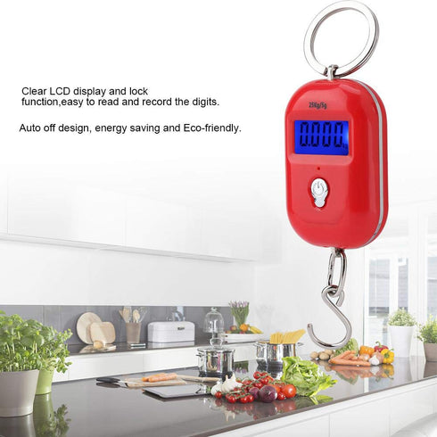 Mini Electronic Scale, Red Portable Fish Weighing Scale, 25Kg/5G Digital Pocket Key Chain Weight Hook for Kitchen
