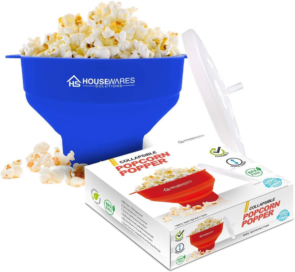 Collapsible Silicone Microwave Hot Air Popcorn Popper Bowl with Lid and Handles - Blue