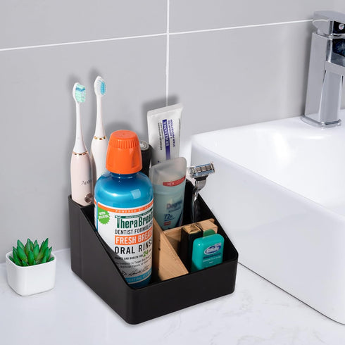 Toothbrush Holder for Bathrooms, 4 Slots Tooth Brush Holder with Detachable Bamboo Dividers, Countertop Organizer for Electric Toothbrushes, Toothpaste, Razors, Floss - Black by Heagoale