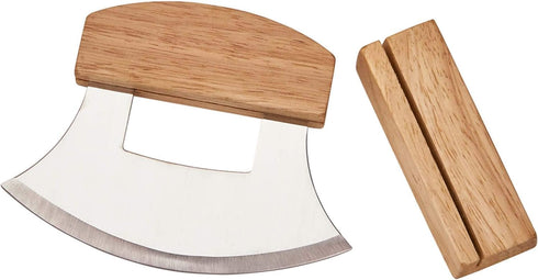 Alaskan Ulu Knife Mezzaluna Chopper with Wooden Stand - Ideal for Chopping Veggies, Herbs, and Salads