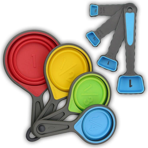 leepiya Measuring Cups and Spoons Set - 8 Piece Collapsible Measuring Tool, BPA Free Silicone, Colorful