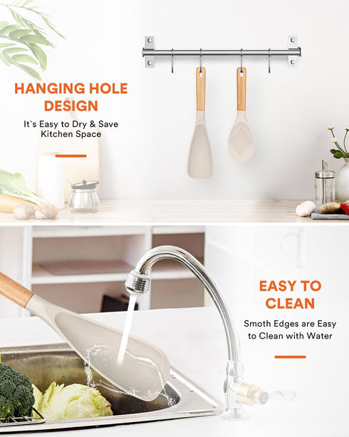 Cooking Spoon and Rice Scooper: Durable BPA-Free Matte Silicone, Wood Handle for Nonstick Cookware (Khaki)