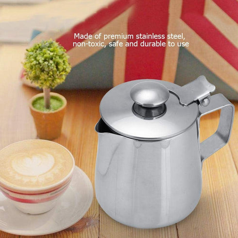 Milk Frothing Pitcher, Stainless Steel Coffee Cup with Lid for Home Office Kitchen Coffee Shop Latte Art, Silver