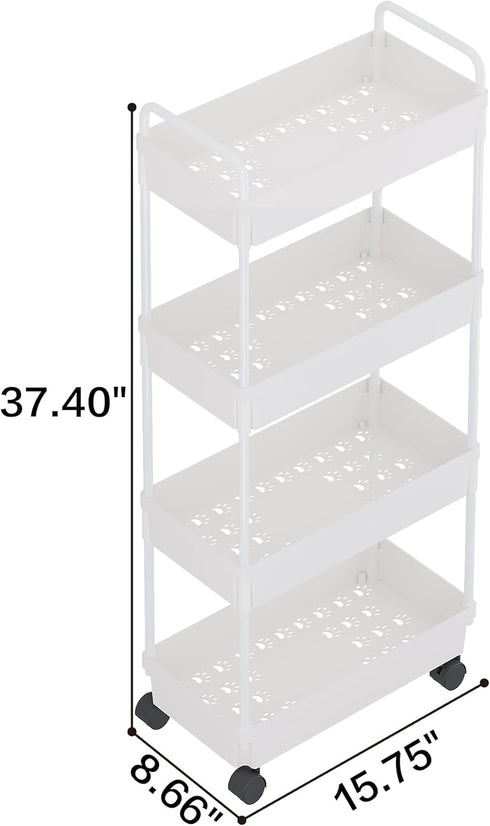 Buzowruil Rolling Storage Cart, 4 Tier Mobile Shelving Unit with Wheels for Kitchen, Bathroom, and Laundry, White.