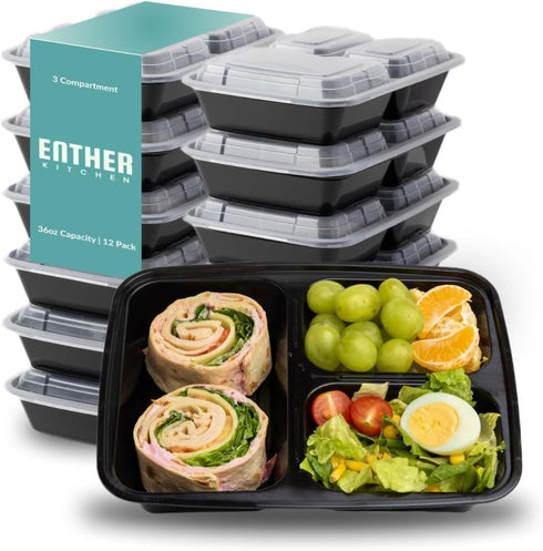 Enther Meal Prep Containers, 12 Pack 3 Compartment with Lids, BPA Free, Stackable, Reusable Lunch Boxes