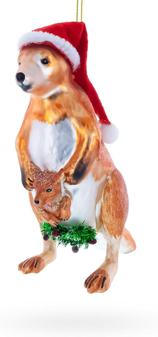 Santa Kangaroo Mom Carrying Baby in Pouch Blown Glass Ornament, Christmas Decoration