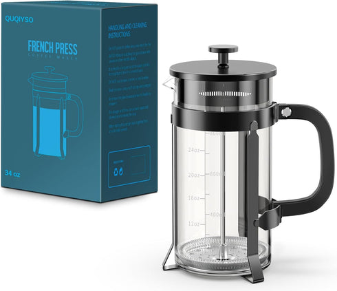 QUQIYSO 34oz French Press Coffee Maker, 304 Stainless Steel with 4 Filters, Borosilicate Glass, BPA Free