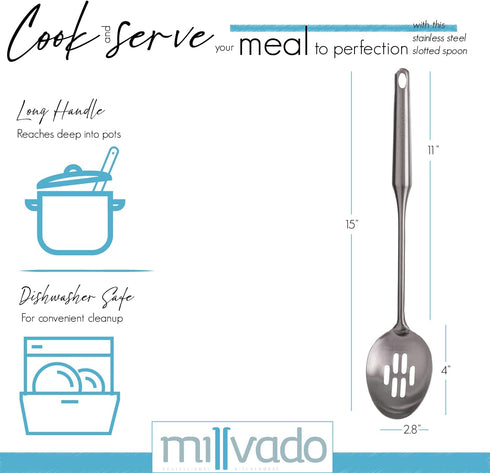 Stainless Steel Slotted Cooking Spoon, Large Metal Chef Strainer Utensil for Cooking, Serving, 15" Long Spoon