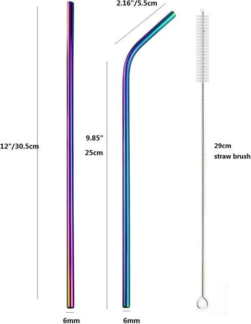 12 Inch Colorful Stainless Steel Straws, 8pcs Ultra Long Reusable Rainbow Metal Drinking Straws