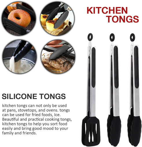 3-Piece Kitchen Tongs Set, 12 Inch Silicone Tongs with Stainless Steel Handle for Cooking, Baking, Grilling