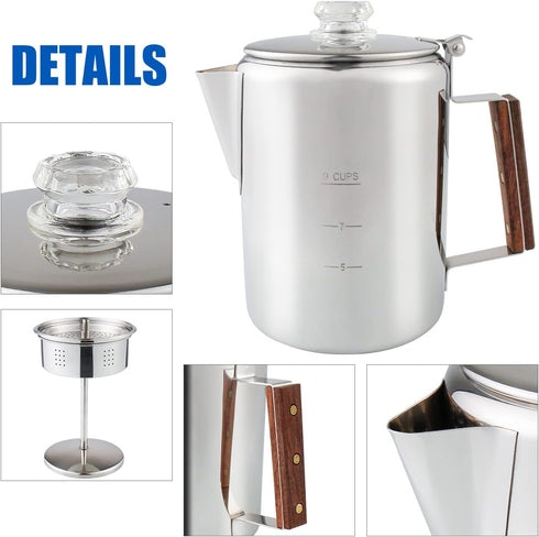 Camping Coffee Pot 9 Cups, Stainless Steel Coffee Percolator with Clear Top Glass Knob for Stovetop or Campfire Brewing