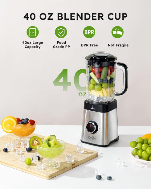 Sangcon Blenders and Food Processor Combo, 40 oz Jar & 17oz Cup with To-Go Lid, Stainless Steel Silver, for Shakes and