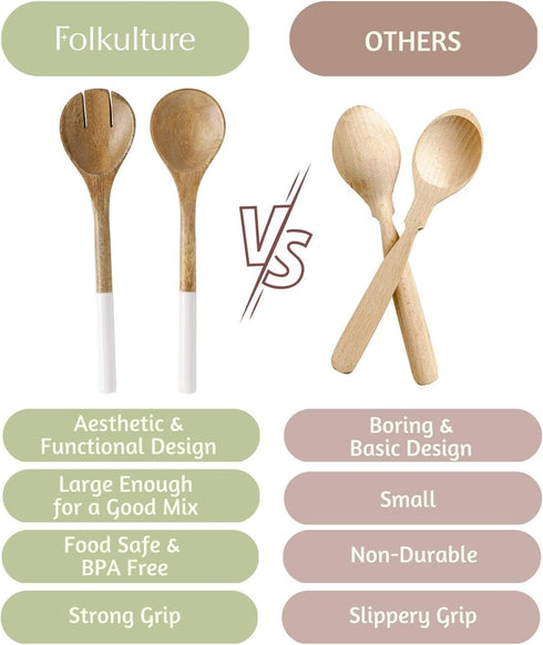 Folkulture Wooden Salad Servers or Tongs - 12-inch Spoon and Fork Set for Serving Salad, Mango Wood, White