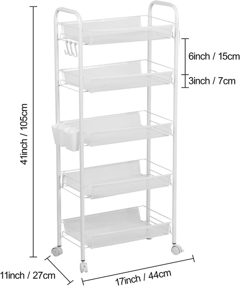 YESBAY 5-Tier 5-Layers) Metal Mesh Storage Rack with Rolling Wheels, Vegetable Basket for Kitchen, Stackable Fruit