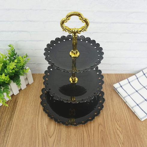Artliving 3-Tier Plastic Cake Stand Dessert Stand, Cupcake Stand Tea Party Serving Platter, Black Gold