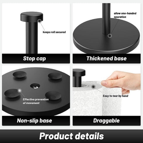 VEHHE Black Stainless Steel Paper Towel Holder Countertop with Weighted Base and Suction Cups for Kitchen Bathroom