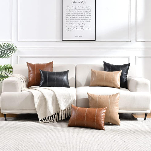 Fancy Homi 18x18 Inch 45x45 cm, Hand Stitched Brown Faux Leather Decorative Throw Pillow Covers for Living Room Couch