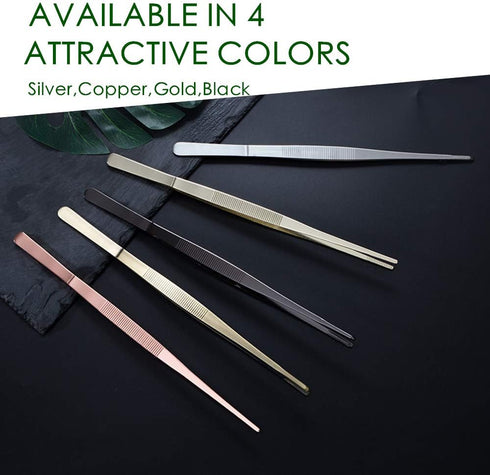 Tongs Tweezers - 12 Inch Long Food Tongs, Straight Serrated Forceps Cocktail Tweezers Bar Tool in Gold
