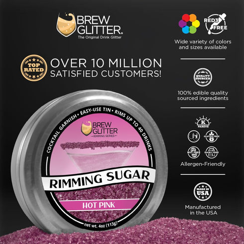 Rimming (4oz, 1x Brew Glitter - Neon Pink Sugar Bar Tin) Cocktail Garnish for Mixed Drinks & Refreshments