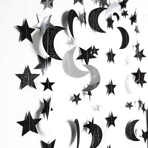 Cheerland Black Silver Moon Decoration - Star and Gothic Summerween Decor Garland for Birthday and Halloween