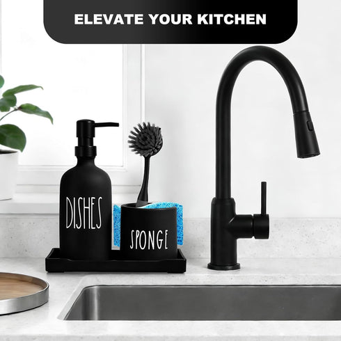 Set 3 1 Countertop Dish Soap Dispenser for Kitchen, Glass Dish Soap Dispenser with Sponge Holder, Black Dispenser