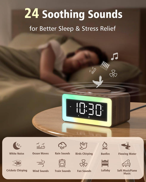 Digital Alarm Clocks for Bedrooms, Bluetooth Speaker, Alarm Clock with Wireless Charging, White/Brown Noise Sound