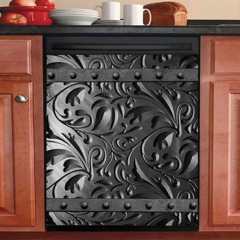 Black Floral Dishwasher Magnet – Engraved Dark Pattern Sticker for Fridge – Magnetic Panel Decals for Home Appliances