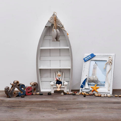 3 Beach Theme Display with Shelves, White Nautical Standing Shelf Decor, Miniature Boat Model, Decorative Boat