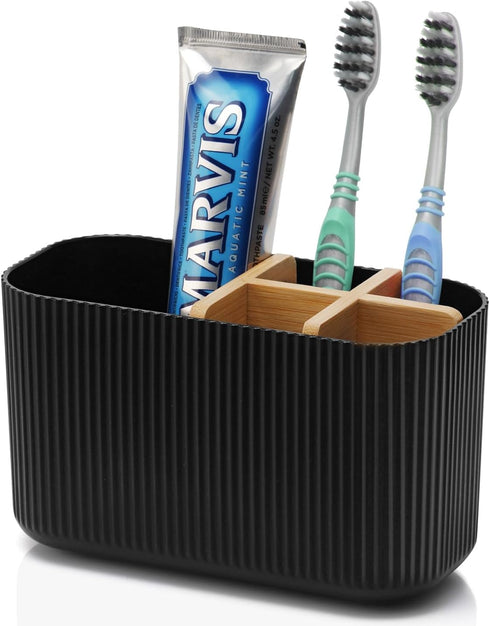 Black Bamboo Toothbrush Holder for Bathrooms, Electric Toothbrush Organizer for Kids and Family Countertop